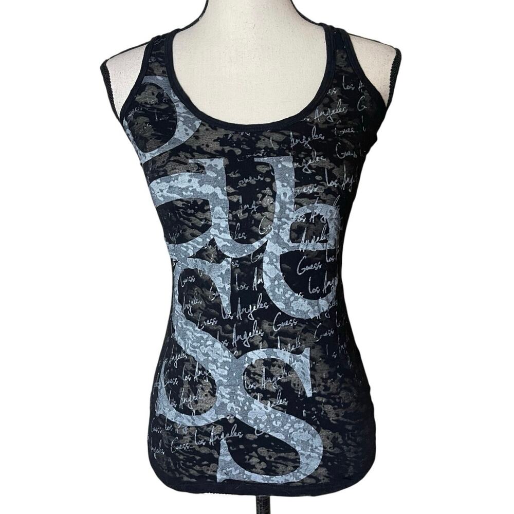 Y2K GUESS Burnout Racerback Tank Top Small Black Grunge Cyber Script Logo